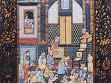 un tableau représentant un groupe de personnes assises dans une pièce