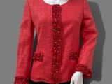 chanel red tweed jacket with lace trim and buttons