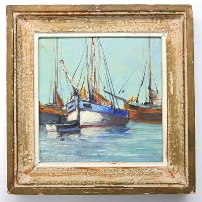 G. DESCHAMPS (XXème), Bateaux de pêche au port, huile sur is…