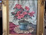 a painting of a vase of flowers on a table