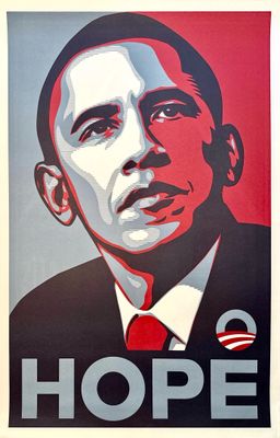 a painting of a man in a suit and tie with the word hope on it