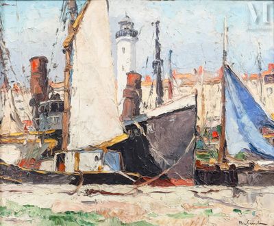 une peinture représentant une peinture de bateaux dans un port