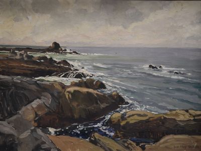 un tableau représentant une vue sur l'océan depuis une falaise