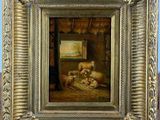 an oil painting of sheep and lambs in a stable by a window
