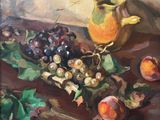 a painting of a pitcher and some fruit on a table