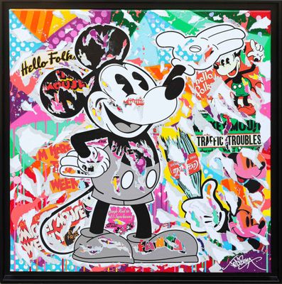 painting of a mickey mouse character with various stickers on it