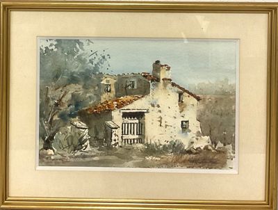tableau représentant une maison blanche au toit marron, dans un cadre doré