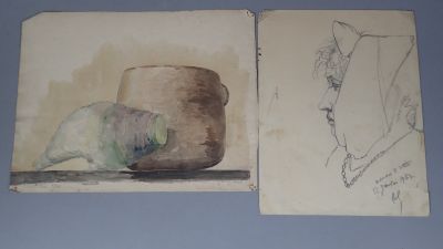 deux dessins représentant un chat allongé sur une table, à côté d'un vase