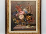 painting of a still life of flowers in a vase on a table