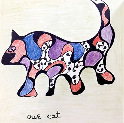 un dessin représentant un chat orné de crânes