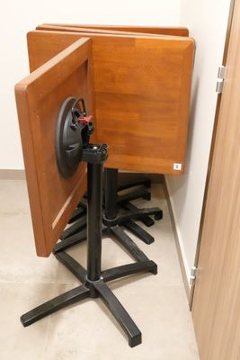 a small table with a door open in a room