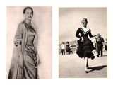 two black and white photos of a woman in a dress and a man in a suit