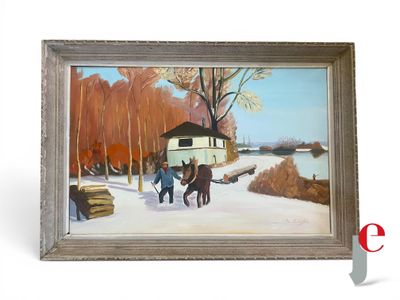 un tableau représentant deux chevaux marchant dans la neige