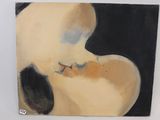 an oil painting of a woman ' s back with a black background