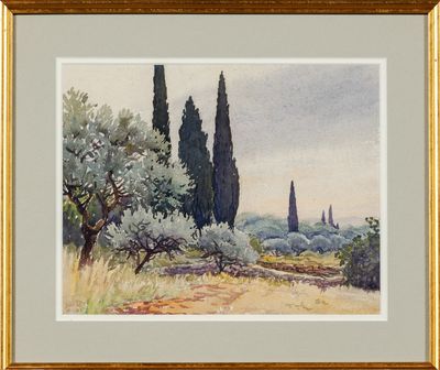 une image d'un tableau représentant un paysage avec des arbres au premier plan