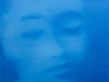 blue painting of a woman ' s face with her eyes closed and her eyes closed
