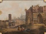 painting of a view of a castle with a horse drawn carriage in the foreground