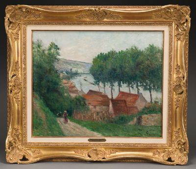 une peinture à l'huile représentant une scène de campagne avec une route et des arbres