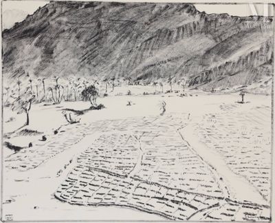 dessin représentant un paysage avec une montagne en arrière-plan