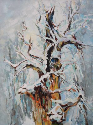 an oil painting of a tree with snow on it