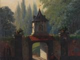 tableau représentant la porte d'un château, avec une personne qui la franchit