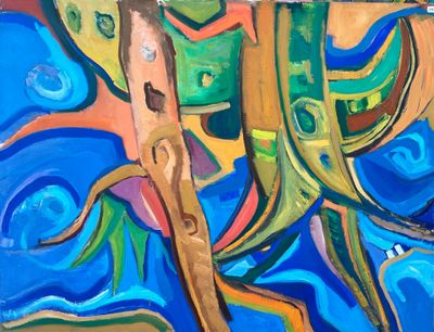 painting of a painting of a tree and a bird in a blue sky