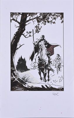 drawing of a man riding a horse with a sword in his hand