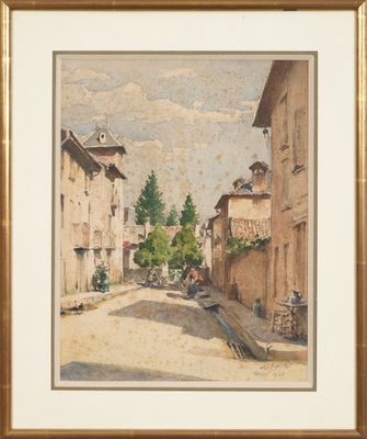 une image d'une peinture représentant une scène de rue avec une voiture à cheval
