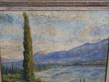 an oil painting of a landscape with trees and a lake
