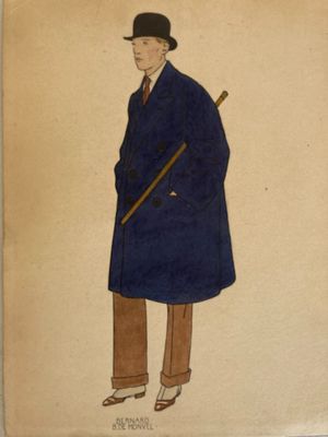 a drawing of a man in a blue coat and hat
