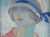 une peinture à l'huile représentant une femme portant un chapeau orné d'un ruban bleu