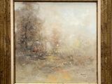 an image of a painting of a horse and carriage in a foggy landscape