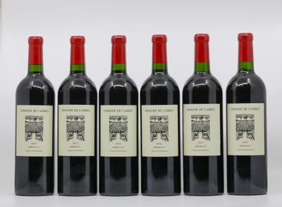 six bouteilles de vin rouge sont alignées