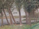 a painting of a boat on the shore of a lake