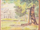 une image représentant un tableau d'un parc avec des arbres et un bâtiment en arrière-plan