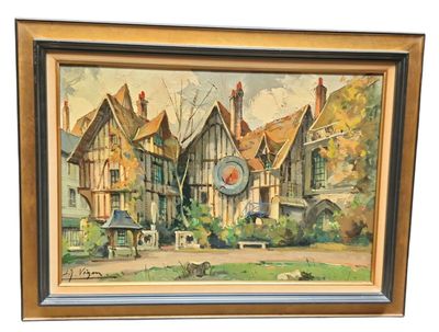 tableau représentant une scène de village avec une horloge au centre du village