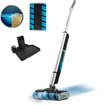 a close up of a vacuum cleaner with a blue and white background