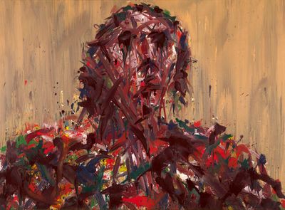 an image of a painting of a man with paint splatters on his face
