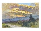 watercolor painting of a road leading to a mountain with clouds