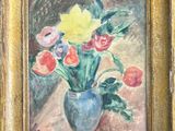 une peinture de fleurs dans un vase sur une table