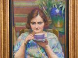 painting of a woman holding a cup of coffee in front of a vase of flowers