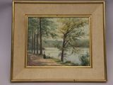 painting of a man and a woman sitting on a bench by a lake