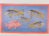 des poissons aux couleurs vives sur fond bleu, avec une bordure rose