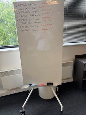 un tableau blanc sur lequel sont écrites des notes, dans une pièce