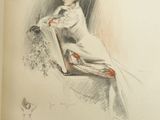 drawing of a woman in a white dress sitting on a chair next to a cat