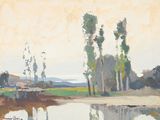 un tableau représentant un paysage avec des arbres et un plan d'eau