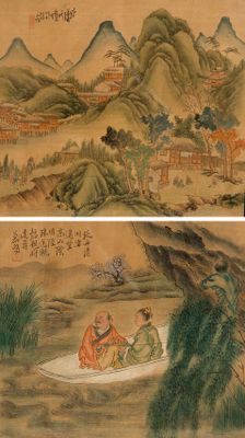 two pictures of a man and a woman on a boat in the water