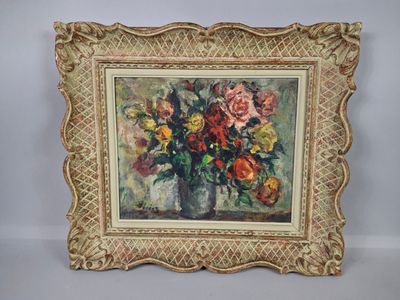 painting of flowers in a vase on a table with a white background