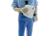figurine of a man in a blue uniform holding a piece of paper