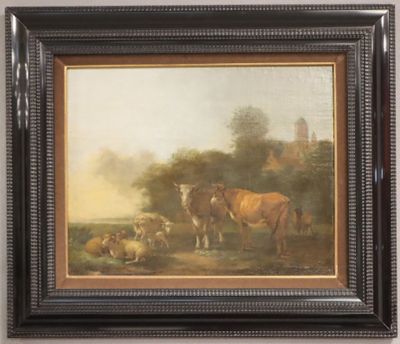 une peinture à l'huile représentant des vaches et des moutons dans un champ, avec un château en arrière-plan